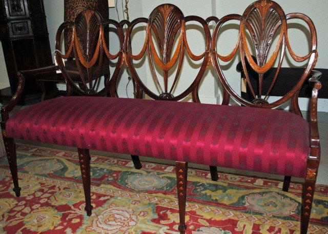Hepplewhite Style 3-Chair Back Settee: 64 inches across striped red fabric upholstery, inlaid mahogany