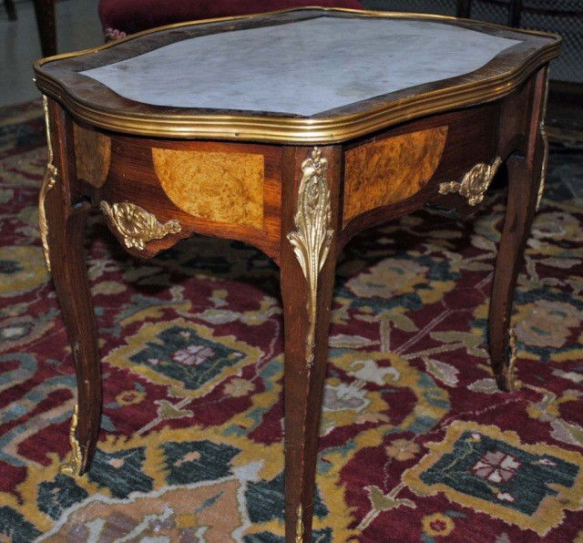 Small French Tea Table: Inset white marble top H - 20", W - 25", D - 18"