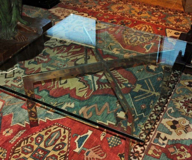 Glass and Chrome Coffee Table: X form chrome base with square glass top 15 inches high, 36 inches square