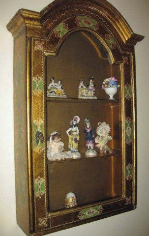 Venetian Style Wall Mounted Curio Cabinet: Gilt and painted, 38 inches tall, 24 inches across, 8 inches deep
