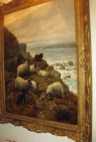 Oil Painting - Sheep on Hill, R. Watson: Signed: R. Watson, 35 x 27 inches, sight