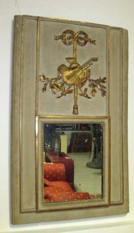 18th Century French Trumeau: Painted and gilt, musical motif top, 40 inches x 25 inches with a 16 x 13 inch glass