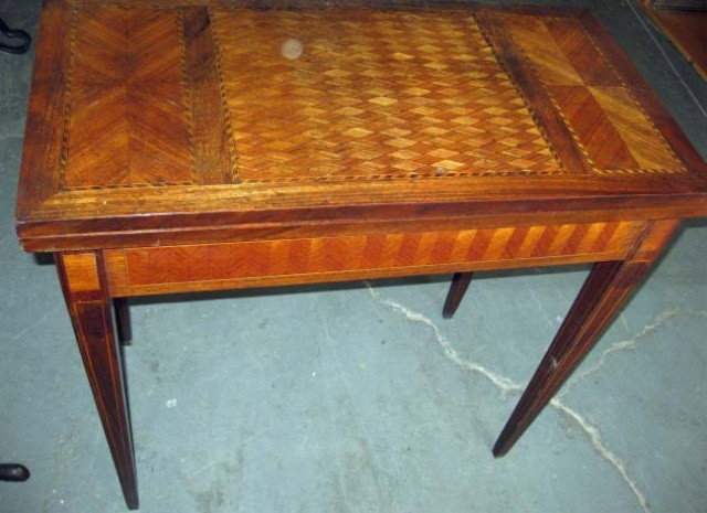 Antique French Lift Top Games Table: Inlaid satinwood, interior green felt (as is) 30 1/2 inches tall, 31 1/2 inches wide, 16 inches deep