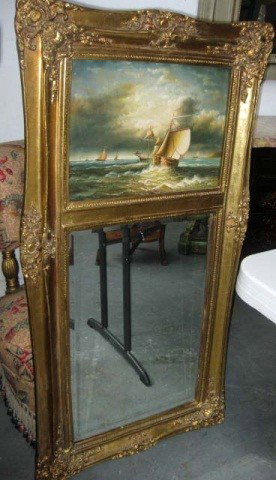 French Louis XV Style Framed Trumeau: 46 x 24 inches, 23 1/2 x 15 1/2 inch beveled glass mirror, and 11 1/2 x 16 inch nautical theme picture top