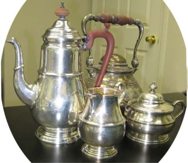 4 Piece English Silver Tea & Coffee Set: Coffee pot, kettle (missing finial and stand), covered sugar and creamer, 20th century, made in Birmingham, 65 troy oz. including wood hadles and finial