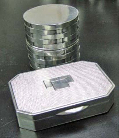 2 Sterling Silver Boxes: Italian Tiffany & Co. basket form box with glass liner (chipped) and Mappin & Webb English silver box with gilt interior, 3.9 troy oz. including glass liner