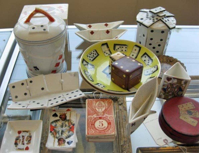 Assorted Dice and Playing Card Motif Articles: Porcelain and metal, etc.