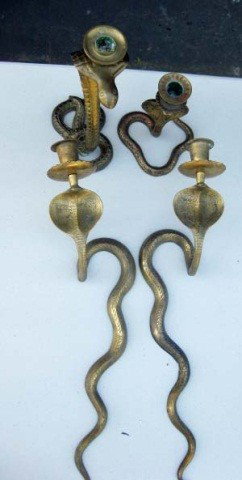 4 Brass Snake Form Lighting Implements: Pair of Snake form sconces and 2 candlesticks