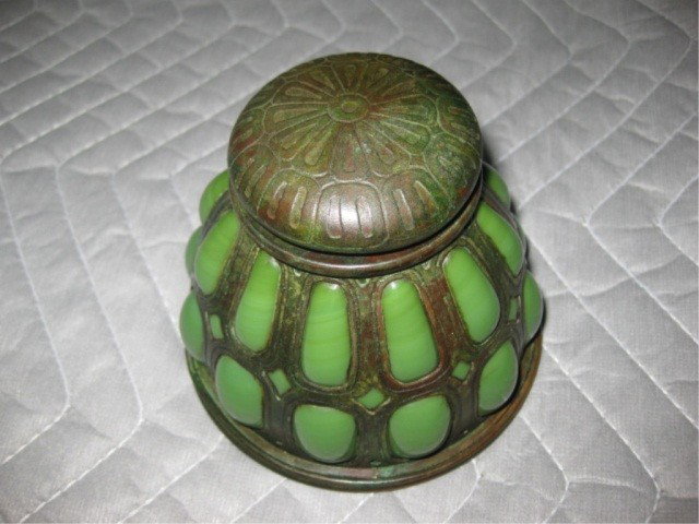 Tiffany Studios Bronze Art Glass Inkwell, #850: 3 3/4 inches tall, 4 1/4 inch diameter base