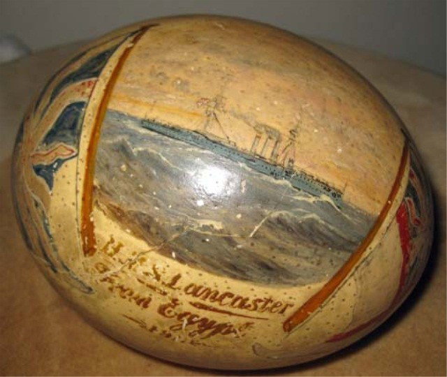 Painted Ostrich Egg: (Repaired) 6 inches wide