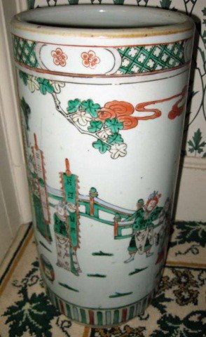 Oriental Porcelain Umbrella Stand: 17 1/2 inches tall, 8 inch diameter, this piece has hairline cracks, etc.