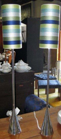 Pair of Pascal Morgue Chrome Table Lamps: with striped shades, 35 1/4 inches tall