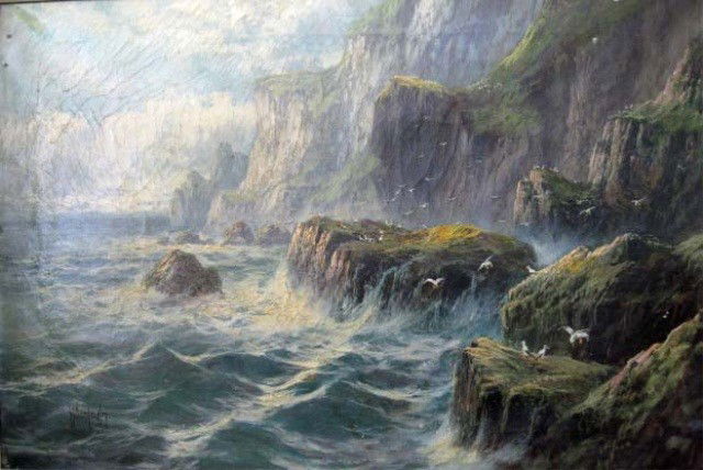 Oil on Canvas - Seagulls Amongst Cliffs, Langley: Signed lower left: William Langley, 19 1/2 x 30 inches