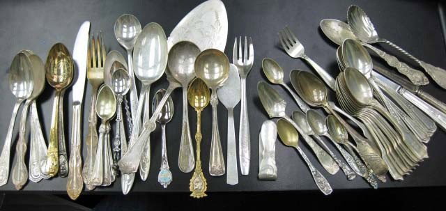 Assorted Sterling and Silver Plated Flatware: including: 10 Gorham teaspoons monogrammed S, 6 Towle teaspoons engraved Jane, souvenir spoons, etc., approximately 15 troy oz.