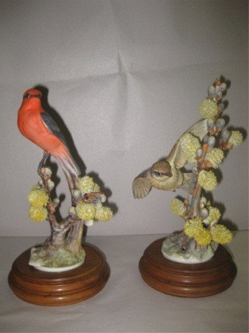 Pair of Dorothy Doughty Vermillion Flycatchers: with pussy willows, Royal Worcester, 10 inches tall