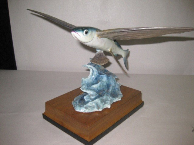 Royal Worcester Flying Fish: on wood base, 7 1/2 inches tall, 12 inches across, 10 inches long
