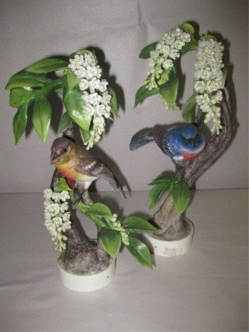 Pair of Dorothy Doughty Lazuli Buntings: Royal Worcester, 11 inches tall