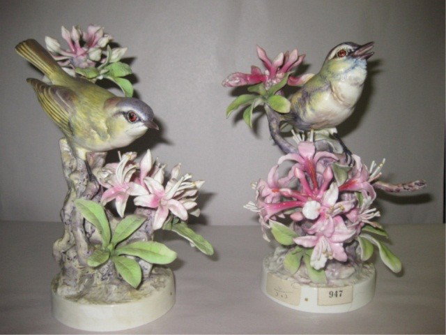 Pair of Dorothy Doughty Red Eyed Vireos: Royal Worcester, 8 inches tall