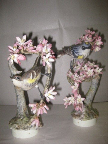 Pair of Dorothy Doughty Myrtle Warblers: Royal Worcester, 9 inches tall