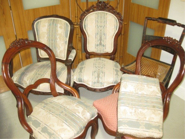 Group of Victorian & Louis XV Style Chairs: 5 chairs and footstool