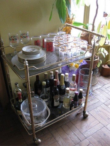 Brass and Glass Tea Cart: 2 smokey glass shelves, on castors
