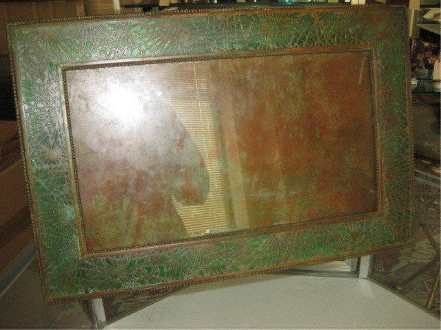 Tiffany Studios Bronze & Art Glass Frame: easel back, outer frame dimensions: 18 1/2 x 12 1/2 inches (clear glass that would protect photo damaged)