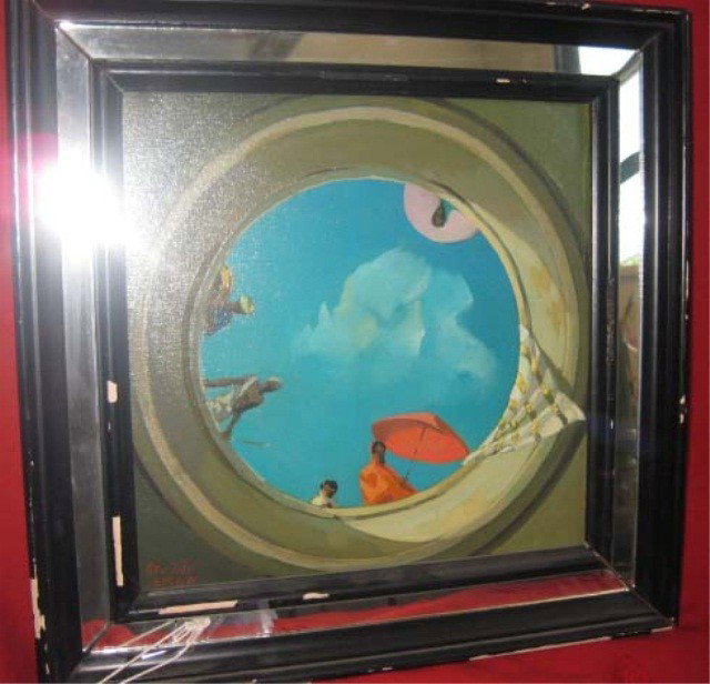 Oil Painting - "Sky and Figures Above", Mitchell: Peter Todd Mitchell, 9 1/2 x 9 1/2 inches, in mirrored frame