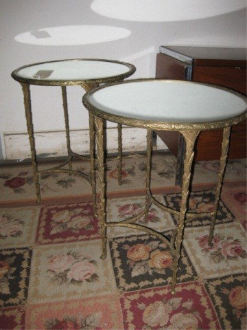 Pair of Bronze and Glass Bistro Tables: mirrored tops, 25 inches tall, 20 3/4 inch diameter