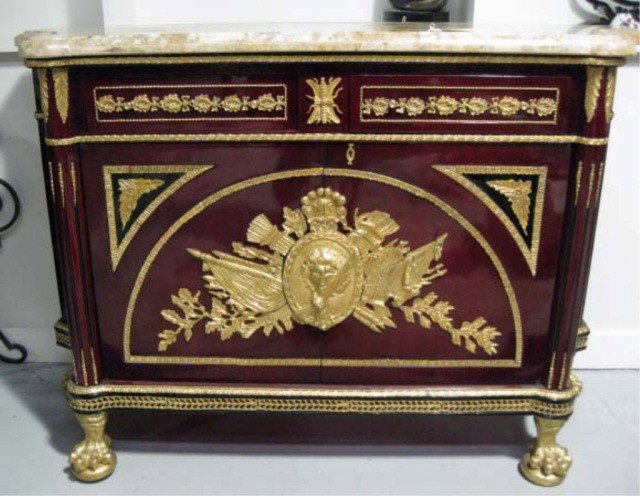 Marble Top Bronze Mounted Palace Commode: Bronze hairy paw feet, double thick marble top, 43 1/4 inches tall, 63 inches wide, 20 1/2 inches deep