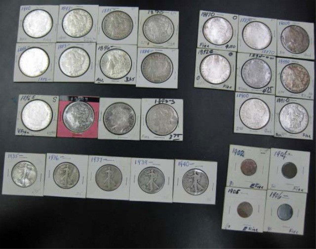 Collection of American Coins: 8 Morgans (no mint mark), 8 "O" Morgans, 4 "S" Morgans, 5 Liberty half dollars and 4 Indian Head pennies