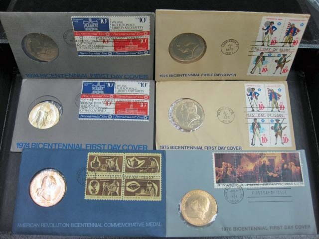 6 US Treasury Commemorative Coins: 2 1974 Bicentennial First Day Covers, 2 1975 Bicentennial First Day Covers, 1 1976 Bicentennial First Day Cover and American Revolution Bicentennial First Day Cover