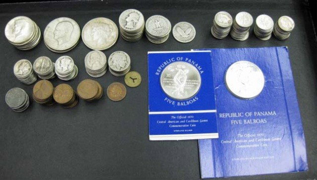 Assorted Coins: 1922 Peace dollar, 2 Eisenhower dollars, 8 1964 JFK half dollars, 24 silver quarters, 1 walking liberty quarter, 71 Roosevelt silver dimes, 43 Mercury dimes, 5 Jefferson nickels, 7 buffalo nickels, 10