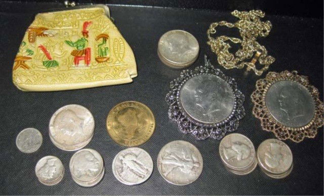Assorted Coins and Tokens: 2 Eisenhower dollars in pendant frames, 1 with chain, 7 1964 JFK half dollars, 1 Liberty half dollar, 10 silver Washington quarters, 4 Liberty quarters, 5 buffalo nickels, 2 Mercury dimes, 1 Canadian