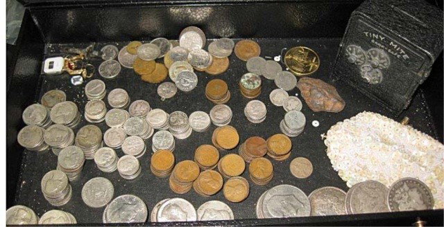Collection of American & Foreign Coins & Trinkets: 5 Morgan dollars (2 no mint mark, 2 "S", 1 "O"), 5 Eisenhower dollars, 1 Susan B. Anthony dollar, 1 Franklin half dollar, 13 JFK half dollars (3 being 1964), 15 silver quarters, 158 silver dimes, 72 n
