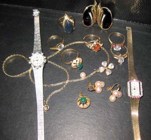 Assorted 14K Gold and Fashion Jewelry: including gold rings earrings, and pendants set with clear and colored stones, 27 dwts. inclusive of the weight of the stones, together with 2 fashion watches