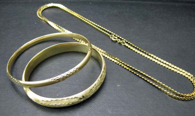 2 14K Gold Bangles and 14K Gold Chain: 29 inch long necklace, 19 dwts.