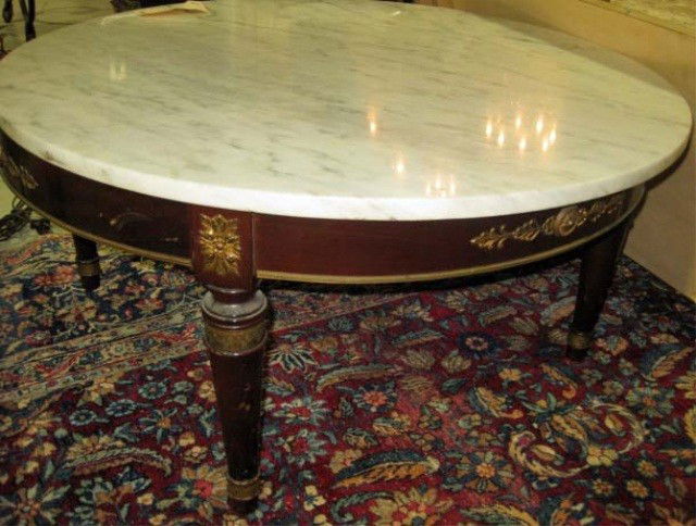Louis XVI Style Circular Coffee Table: mahogany with bronze mounts, white marble top, 17 1/2 inches tall, 36 inch diameter