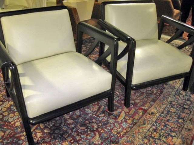 Pair of Art Deco Style Leather Club Chairs: mid 20th century, oversized, ebonized wood frames