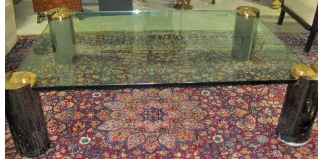Glass Top Coffee Table: brass legs, 20th century, in the manner of Karl Springer, 18 x 70 x 52 inches