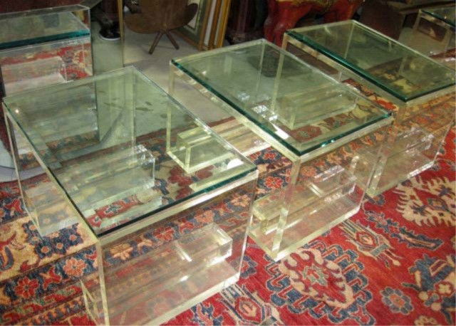 Set of 3 Karl Springer Lucite and Glass End Tables: Greek key motif feet, signed, some scratches, nicks and wear