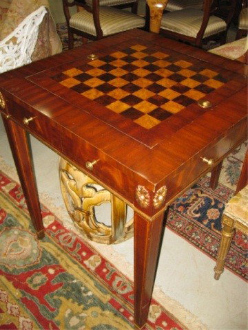 Mahogany Games Table: Gilt bronze mounts, ckeckerboard top reverses to backgammon board, 1 drawer on each side, 30 inches tall, 26 inch square top