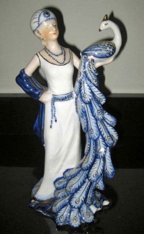 KPM Figure - Woman with Peacock: late 20th century, 13 inches high