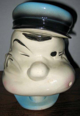Popeye Cookie Jar: (missing pipe) 10 1/2 inches tall, 7 inches wide, 7 1/2 inches deep