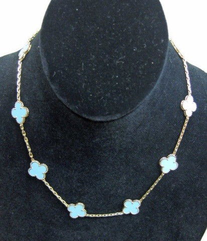 18K Gold Turquoise Necklace: in the manner of Van Cleef and Arpels, 17 inches long, weighing 13 dwts. including the weight of the turquoise
