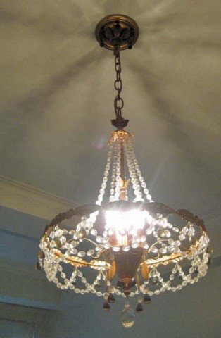 Gilt and Beaded 3 Light Fixture: 18 inches long, 13 1/4 inch diameter