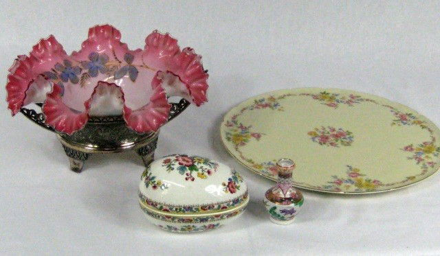 Centerpiece, Porcelain Egg, Mini Vase, Plate &Dish: Victorian Silver Plate & Glass Centerpiece 11" wide, Coalport Porcelain Egg 5" wide, Chinese Mini Vase, KPM Plate, and Royal Worcester small Dish