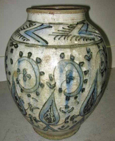 Middle Eastern Blue and White Glazed Vase: 14 inches tall, approximately 9 inch diameter
