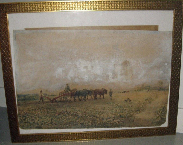 Watercolor - Landscape with Figures, Thorpe: Figures working field, signed lower right, dated 1873, 18 x 27 inches