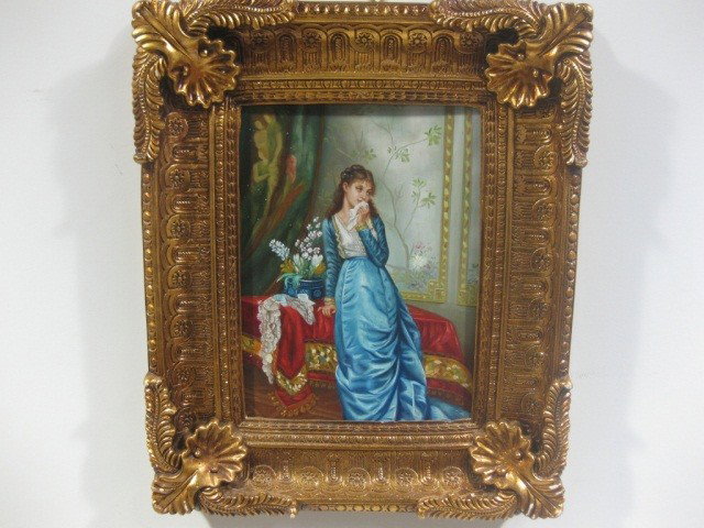 Painting on Board - Female Leaning on Table: Gilt Framed. Height: 15" Width: 11"