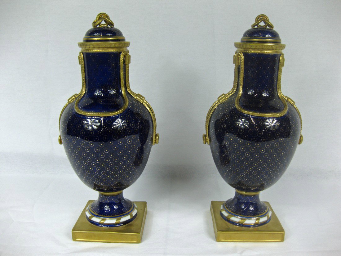 Pair of Minton Cobalt and Gilt Urns with Covers: Height: 14"